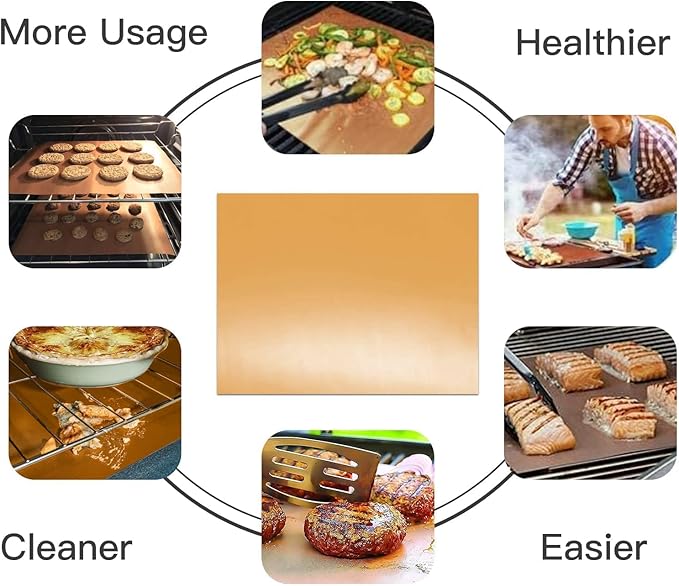 Copper Grill Mats for Outdoor Grill（Set of 6), Nonstick & Easy to Clean BBQ Grilling Sheets, Reusable & Heavy Duty Mats Works on Outdoor Gas, Electric, Charcoal Grill