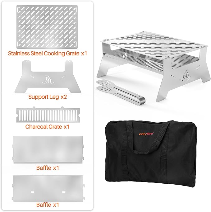 Onlyfire Portable Charcoal Grill, Heavy Duty Stainless Steel | Foldable Barbecue Grill, Carry Bag and BBQ Tong, For Patio Backyard, Outdoor Camping, Picnic and Hikin