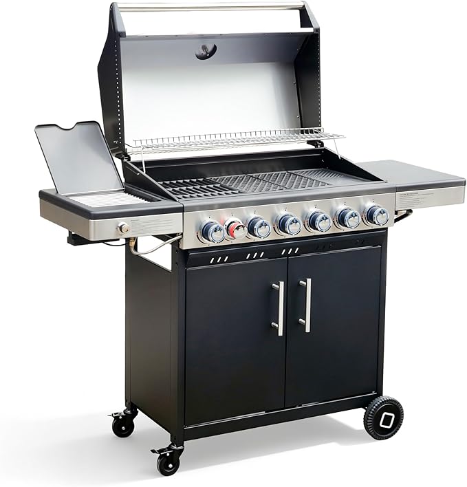 Flintex 6-Burner Propane Gas Grill with Infrared Searing Side Burner and Porcelain-Enameled Cast Iron Grates & Pan, Outdoor BBQ Grill with 53,500 BTU Output, 630 sp.in. Cooking Area, Black