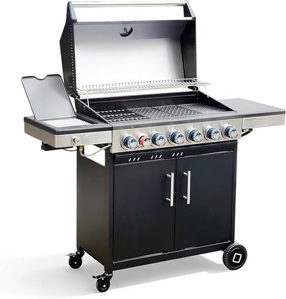 Flintex 6-Burner Propane Gas Grill with Infrared Searing Side Burner and Porcelain-Enameled Cast Iron Grates & Pan, Outdoor BBQ Grill with 53,500 BTU Output, 630 sp.in. Cooking Area, Black