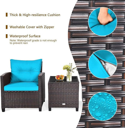 HAPPYGRILL 3 Pieces Patio Conversation Set, Outdoor Furniture Set PE Rattan Sofa Set with Removable Cushions, PE Wicker Chairs with Tempered Glass Side Table for Porch Lawn Garden Balcony Backyard