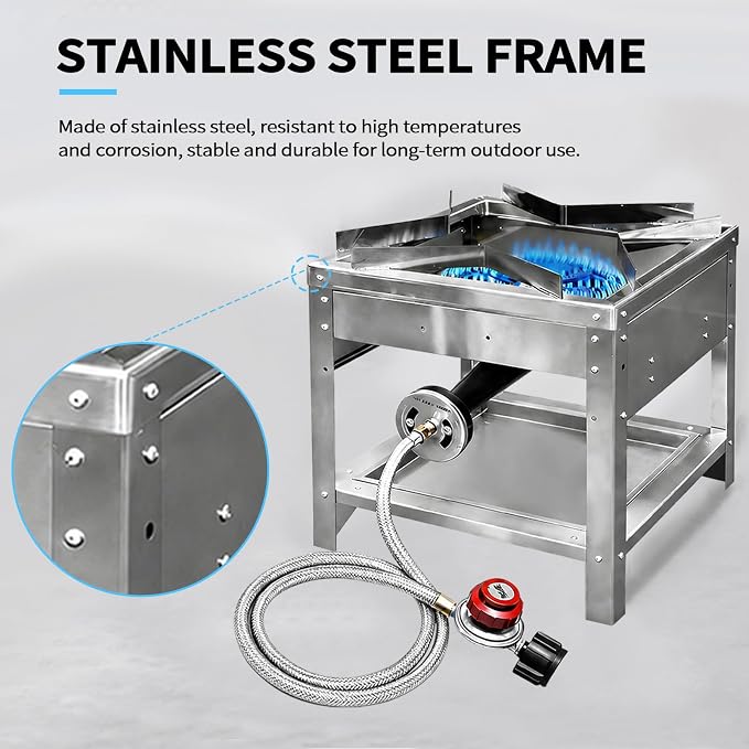 Stainless Steel Single Propane Burner – Outdoor Gas Cooker with 20 PSI Regulator, 200,000 BTU High-Power Portable Propane Stove for Outdoor Cooking, Turkey Frying, Seafood Boiling & More
