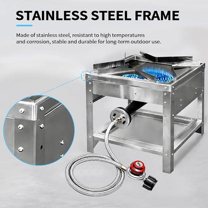 Stainless Steel Single Propane Burner – Outdoor Gas Cooker with 20 PSI Regulator, 200,000 BTU High-Power Portable Propane Stove for Outdoor Cooking, Turkey Frying, Seafood Boiling & More