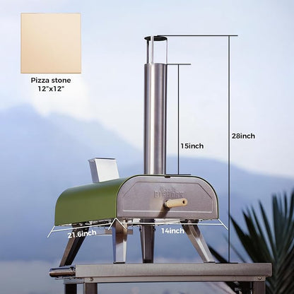 BIG HORN 12" Multi-Fuel Outdoor Pizza Oven Reach up to 1110℉– 3-in-1 Wood,Gas&Electric Compatible (Burners Sold Separately),Pellet Pizza Oven Portable Pizza Maker for Backyard,Camping&Tailgating,Green