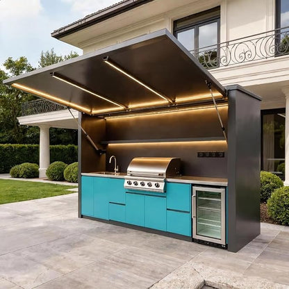 Prefab Outdoor Kitchen Suite - Modern BBQ Island with Automatic Hydraulic Canopy - Custom Configurations for Any Backyard