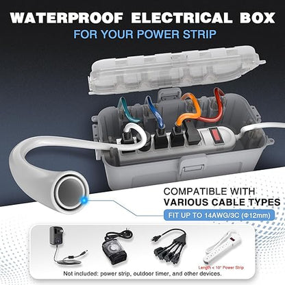 Flemoon Medium Outdoor Electrical Box Waterproof with Clear Lid, Weatherproof Extension Cord Cover for Photocell Light Sensor Timer, Power Strip, Outlet, Plug, Socket, Transparent and Gray