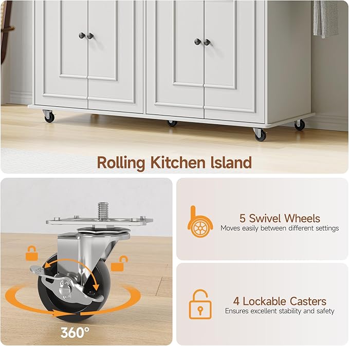 ComfyCorner 58" Rolling Kitchen Island with Storage, Island Table for Kitchen with Power Outlet, Multi-level Kitchen Islands on Wheels, Mobile Bar Cart with Spice Rack, Towel Rack, Knife Holder, White