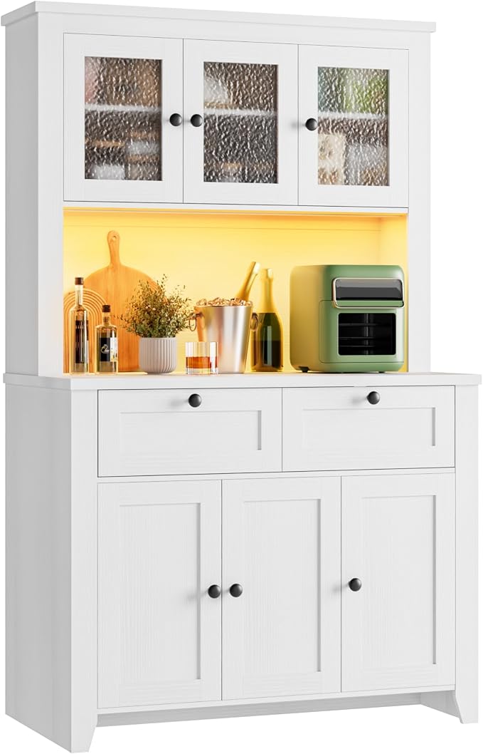 Pantry Cabinet with Charging Station, Farmhouse Kitchen Pantry Storage Cabinet with Countertop, Large Kitchen Hutch with Storage Drawers and Adjustable Shelves & Water Ripple Design for Dining Room,