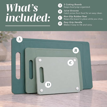 COOK WITH COLOR Non-Slip Cutting Board Set – Kitchen Essentials with Easy Grip Handle for Meat, Veggies, and Fruits, 3 Cutting Boards, Mint