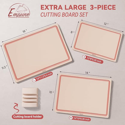 Empune 3-Piece Plastic Cutting Boards for Kitchen - Thick & Non-Slip Chopping Board Set with Juice Grooves, Dishwasher Safe, BPA Free, Includes Large & Small Sizes, Pink