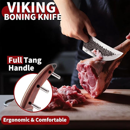 Butcher Knife Set – 3PCS Hand Forged Kitchen Knife Set with Serbian Chef Knife, Viking Boning Knife & Meat Cleaver, High Carbon Steel for Meat Cutting, Outdoor BBQ, Camping, Gift for Men