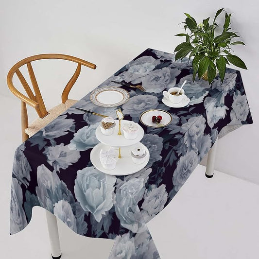 Vintage Florals Tablecloth, Gothic Black Garden Peonies Flowers Rustic Roses Boho Botanical Plant Water Resistant Wipeable Table Cover for Picnic Party Holiday Kitchen Dinner Table 55"x55"