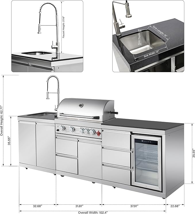 103" All-in-One Outdoor Kitchen Island,4 Burner Modular Kitchen with Grill Station Cabinetry,304 Stainless Granite, Sink, Fridge, BBQ Set for Patios & Backyards (Stainless, 103 IN)