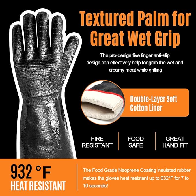 Schwer 932°F Extreme Heat Resistant BBQ Gloves, Waterproof Oven & Fryer Gloves, Oil Resistant Neoprene Grill Glove for Baking, Smoker, 14 inch