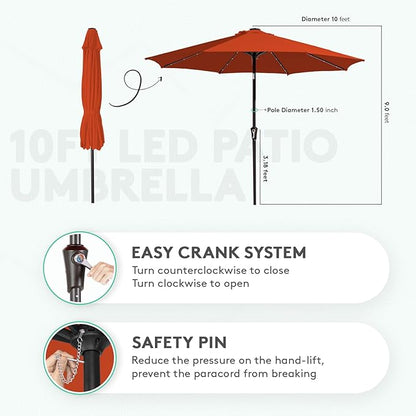 JEAREY 10FT Outdoor Patio Umbrella with Solar Lights, LED Lighted Pool Umbrella with Tilt and Crank, Outdoor Table Umbrellas for Deck, Yard & Market(Orange)
