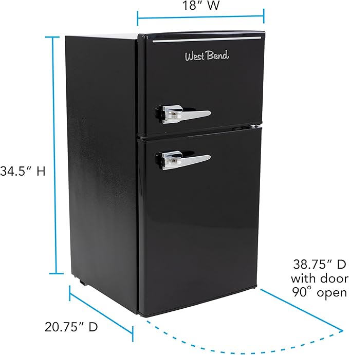 West Bend Mini Fridge with Freezer for Bedroom, Office, Bar or Dorm Room, Retro Compact Refrigerator features Glass Shelves, Manual Defrost and Adjustable Temperature Control, 3.1-Cu.Ft., Black