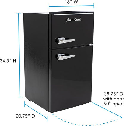 West Bend Mini Fridge with Freezer for Bedroom, Office, Bar or Dorm Room, Retro Compact Refrigerator features Glass Shelves, Manual Defrost and Adjustable Temperature Control, 3.1-Cu.Ft., Black