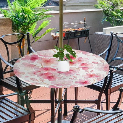 Cherry Blossoming Outdoor Round Fitted Tablecloth with Umbrella Hole and Zipper, 36"-44" Elastic Patio Table Cloth Oil-Proof Waterproof Patio Table Cover for Picnic Party Camping