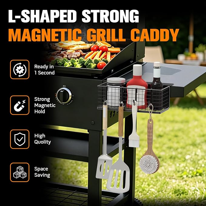 2PACK Magnetic Grill Caddy for Grills, Space Saving Outdoor Griddle Accessories Organizer, BBQ Storage Box for Weber Grill, Traeger Smoker, and Blackstone Griddle