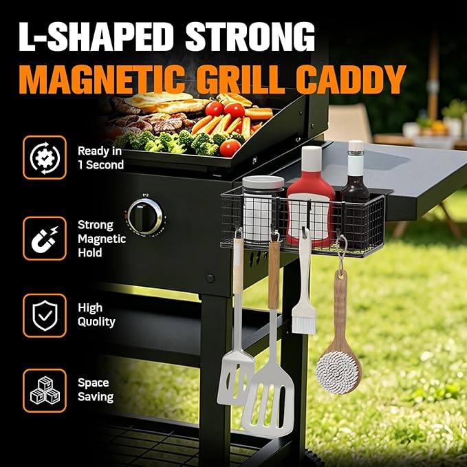 1PACK Magnetic Grill Caddy for Grills, Space Saving Outdoor Griddle Accessories Organizer, BBQ Storage Box for Weber Grill and Blackstone Griddle