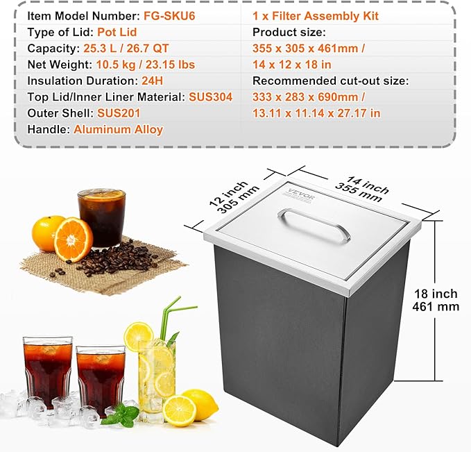 VEVOR Drop in Ice Chest, 14" L x 12" W x 18" H Stainless Steel Ice Cooler, Commercial Ice Bin with Cover, 40 qt Outdoor Kitchen Ice Bar, Drain-Pipe and Drain Plug Included, for Cold Wine Beer