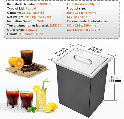 VEVOR Drop in Ice Chest, 14" L x 12" W x 18" H Stainless Steel Ice Cooler, Commercial Ice Bin with Cover, 40 qt Outdoor Kitchen Ice Bar, Drain-Pipe and Drain Plug Included, for Cold Wine Beer