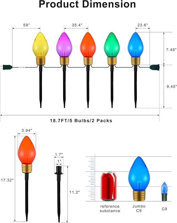 10 Lights Jumbo C9 Pathway Christmas Lights Outdoor, 11Ft 2 Pack 5 LED Giant Bulbs, Large Outdoor Christmas Decor for Holiday Lawn Yard Garden, Big Light Decorations, Multicolor