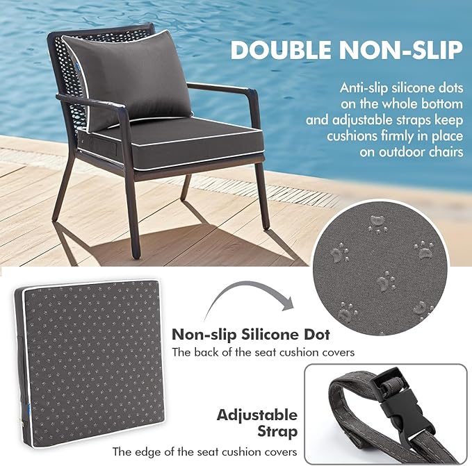 MIULEE Dark Grey Outdoor Seat Cushion 22x22 Inch Waterproof Cushion | Deep Seat and Back Cushion for Patio Furniture Chair Sofa Couch, Fade Resistant, Handle and Adjustable Straps
