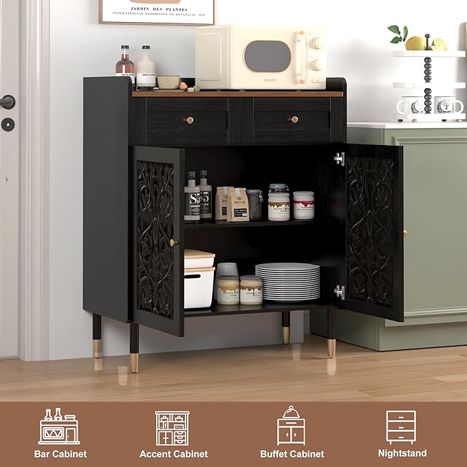 3More Sideboard Buffet Cabinet with Retro Carving Pattern,Kitchen Pantry Storage Cabinet with 1Drawer&2 Doors，Coffee Bar for Living Room,Kitchen,Dining Room,Black