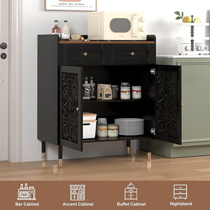 3More Sideboard Buffet Cabinet with Retro Carving Pattern,Kitchen Pantry Storage Cabinet with 1Drawer&2 Doors，Coffee Bar for Living Room,Kitchen,Dining Room,Black