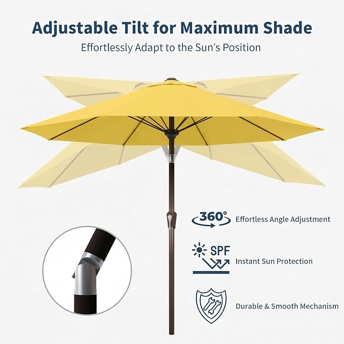 10FT Patio Umbrella Outdoor Market Umbrella with Crank and Tilt, 8 Flexible Fiberglass Ribs, UV-Resistant Waterproof Canopy for Patio, Deck, Garden, Backyard, Sunshine Yellow