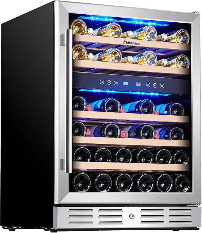 Kalamera 24 Inch Wine Cooler Refrigerator, 46-Bottle Dual Zone Wine Fridge | Built-In/Freestanding Beverage and Wine Refrigerator, 5 Wooden Shelves, Reversible Glass Door, Temperature Memory