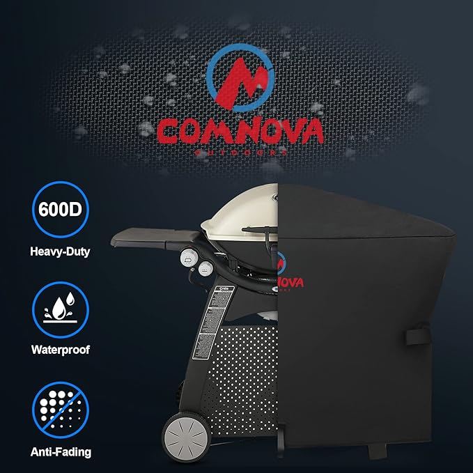 Comnova Grill Cover for Weber Q Grill on Cart - 7112 BBQ Cover for Weber Q3000/Q300/Q2000/Q200 with Portable Stand, 600D Heavy Duty & Waterproof BBQ Cover for Weber Q3200, 3000, 320, 300 and More