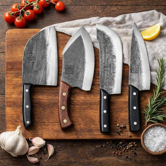 COOLINA Meat Lover 4-Knife Set, Hand-Forged High-Carbon Steel Kitchen Knives for Butchering, Slicing & Carving, Includes Promaja Cleaver, Lixy, Daozi & Altomino Tungsten Knife, Wood Handle