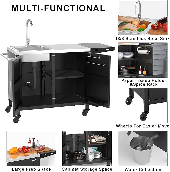 GDLF Outdoor Grill Table with Sink,Metal Grill Cart, Outdoor Kitchen Island with Stainless Steel Sink,L57*W21.65