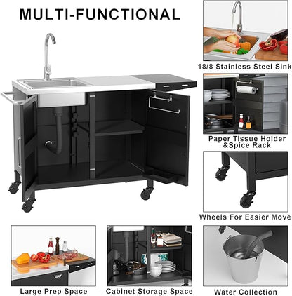 GDLF Outdoor Grill Table with Sink,Metal Grill Cart, Outdoor Kitchen Island with Stainless Steel Sink,L57*W21.65