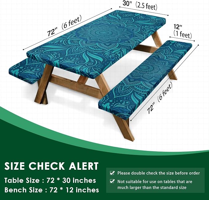 Picnic Table Cover with Bench Covers Elastic Edges, Boho Teal Camper Fitted Table Cover, Outdoor Camping Essentials 72 Inch 3PCS, Waterproof Camping Fitted Tablecloth with Drawstring Bag