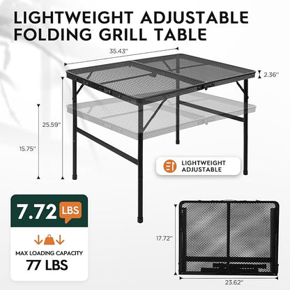 WildFinder Folding Grill Table, 3x2 FT Portable Camping Table, Foldable | 3 Adjustable Height Max 27.5" Grill Tables for Outside with Mesh Bag, Outdoor table for Camping, Picnic, BBQ, Beach, Patio