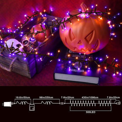 Purple Orange Halloween String Lights Outdoor, 46FT 500LED Twinkle Fairy Lights, 16 Modes Plug in Waterproof Cluster Lights for Bedroom Indoor Outdoor Halloween Decorations