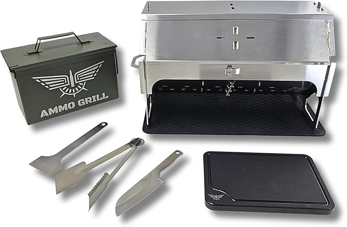 M2A1 Pro Lid Edition | 304 Stainless Steel Portable Charcoal Grill with 3 Grates, Silicone Mat, Cutting Board, Knife, Tongs/Spatula & Scraper