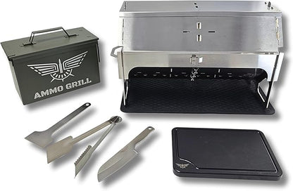 M2A1 Pro Lid Edition | 304 Stainless Steel Portable Charcoal Grill with 3 Grates, Silicone Mat, Cutting Board, Knife, Tongs/Spatula & Scraper