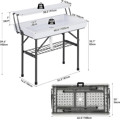 YITAHOME Two-Tier Ice Table, 4FT Folding Ice Cooler Table with Drain and Detachable Skirt, Portable Ice Table for Parties, Picnics, Camping, Weddings, BBQs