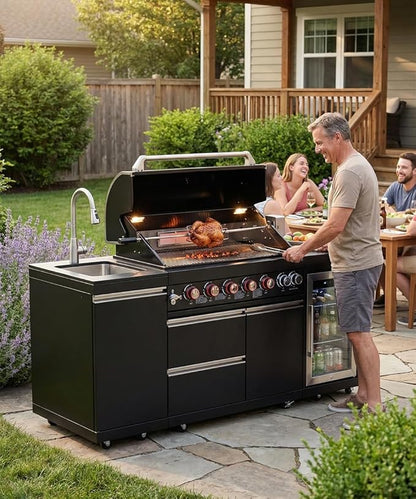 BBQ Outdoor Kitchen Island Grill Barbecue Modular Patio Kitchens Kits with Electric Rotisserie, Sink, fridge, and Burner for More than 10 People