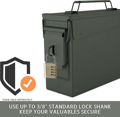 Lockable Metal Ammo Storage Box - Military & Army Steel Ammo Can for Ammunition Storage - Waterproof Ammo Crate Utility Box
