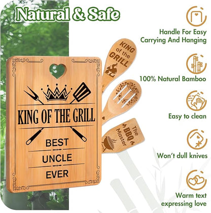 Best Uncle Gifts - "King of The Grill, Best Uncle Ever" Uncle Birthday Gifts Cutting Board Set, Bamboo-Made Engraved Utensil Set, Gifts for Uncle