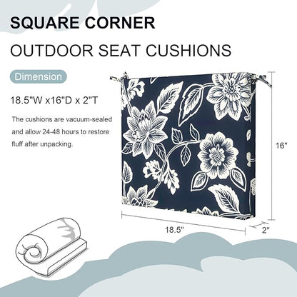 DYTXIII Set of 4 Outdoor Chair Cushions, Water Resistant 18.5"x16"x2" Square Seat Cushion for Patio Dining Chairs, High-Density Replacement Pads for Indoor Outdoor Furniture - Vines Navy