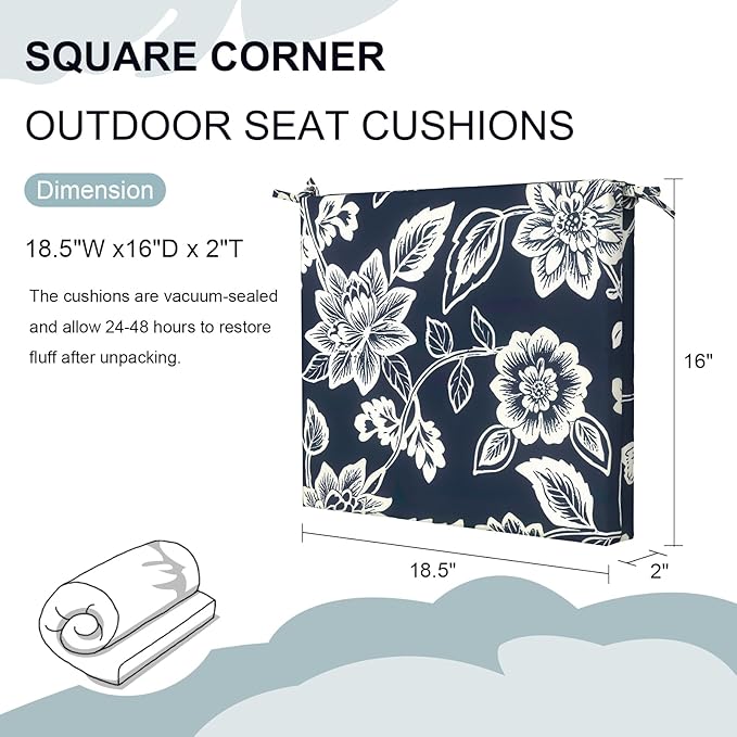 DYTXIII Set of 2 Outdoor Chair Cushions, Water Resistant 18.5"x16"x2" Square Seat Cushion for Patio Dining Chairs, High-Density Replacement Pads for Indoor Outdoor Furniture - Vines Navy