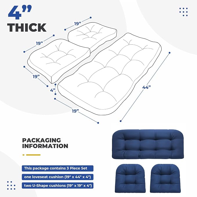 DANGHOOGY Wicker Chair Cushions, Waterproof Outdoor Loveseat Cushions for Patio Furniture, 3 Pieces Wicker Furniture Cushions, 1 Loveseat and 2 U-Shaped Cushions, Blue