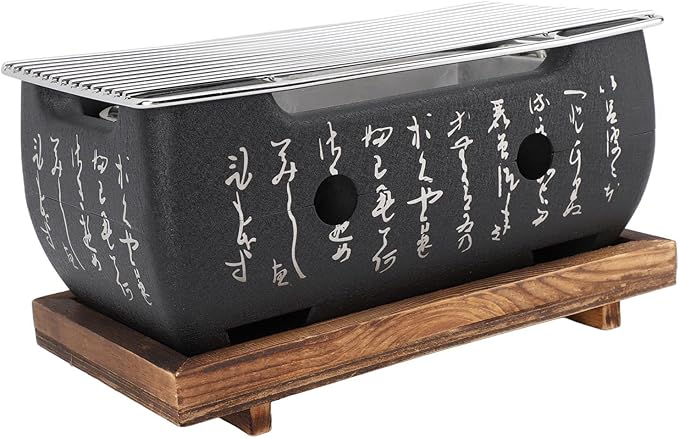 FLEXMAN Japanese Style Barbecue Grill, Portable Japanese Cuisine Charcoal Stove, Mini Rectangle Korean Bbq Grill with Wood Base Wire Plate for Family Gatherings Camping Picnics (M)