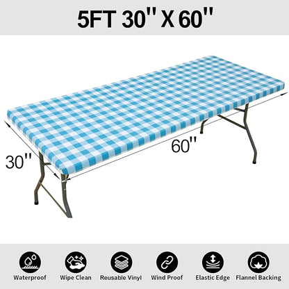 Smiry Rectangle Picnic Table Cloth, Elastic Waterproof Fitted Vinyl Tablecloths, Flannel Backed Buffalo Plaid Table Covers for Dining, Camping, Outdoor (White and Aqua, 30" x 60")
